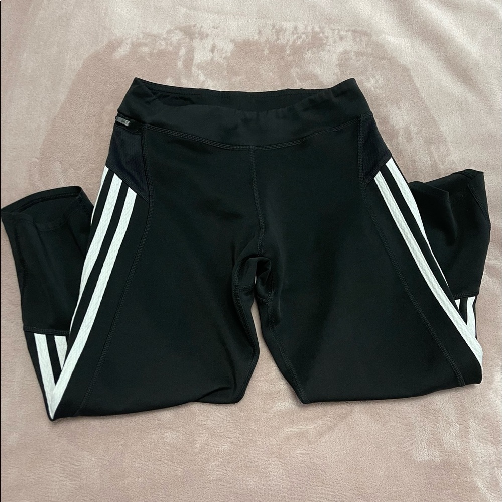GREAT CONDITION Adidas Cropped Black Leggings with white stripes
